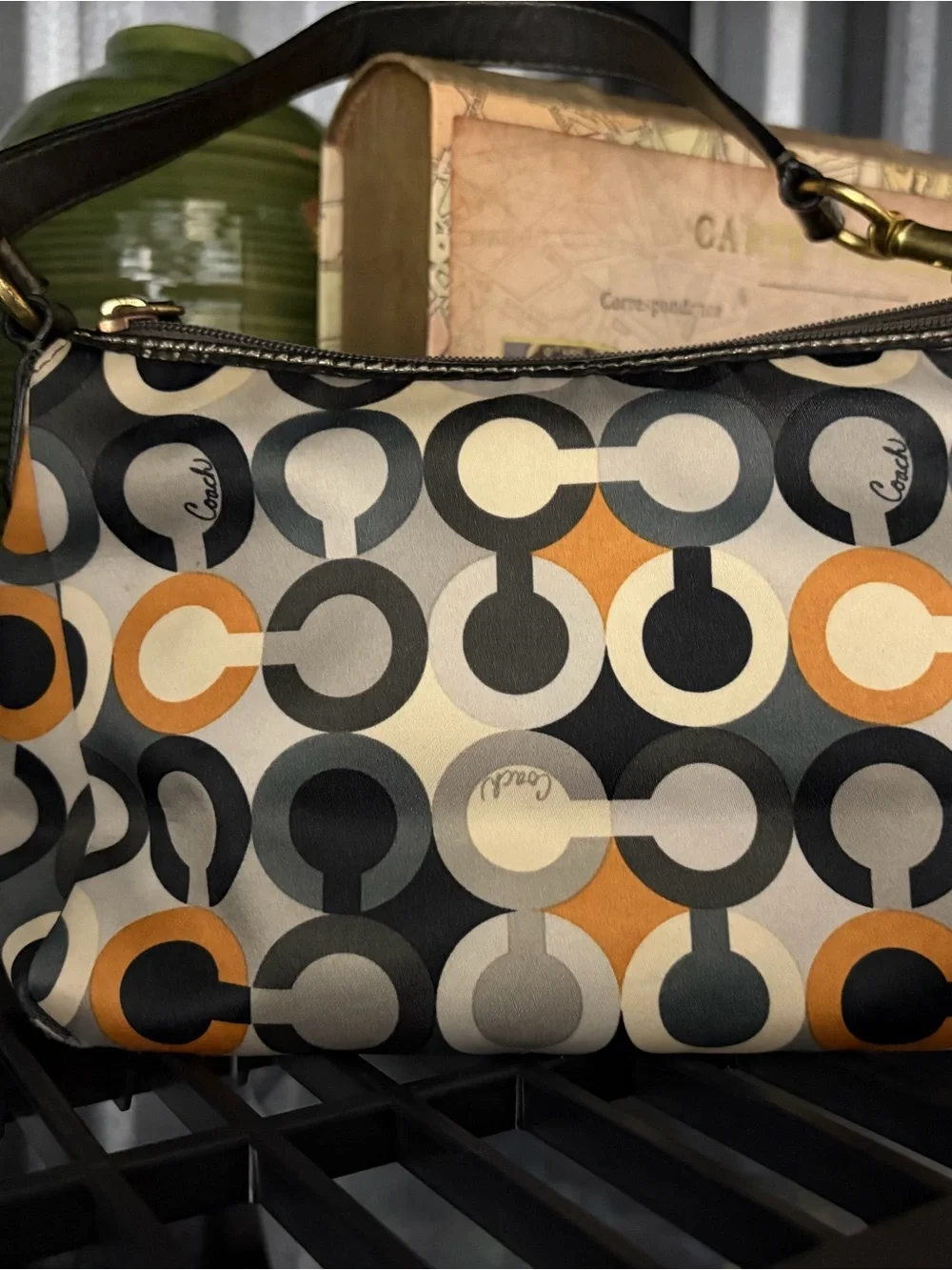 Coach Multicolor Circle Print Shoulder Bag with Brown Trim